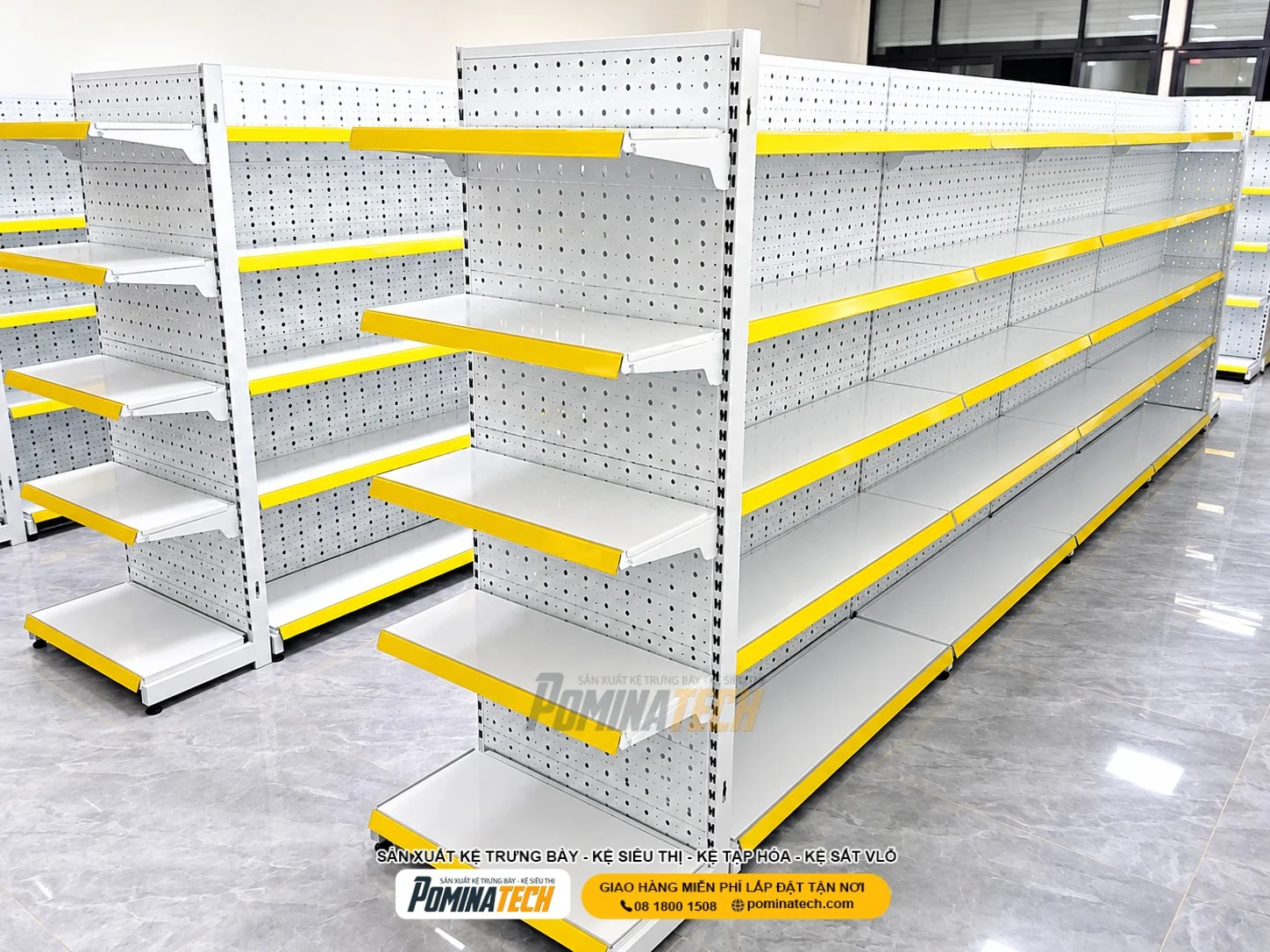 Kệ siêu thị lưng lưới Pominatech thiết kế tối ưu khả năng chịu tải