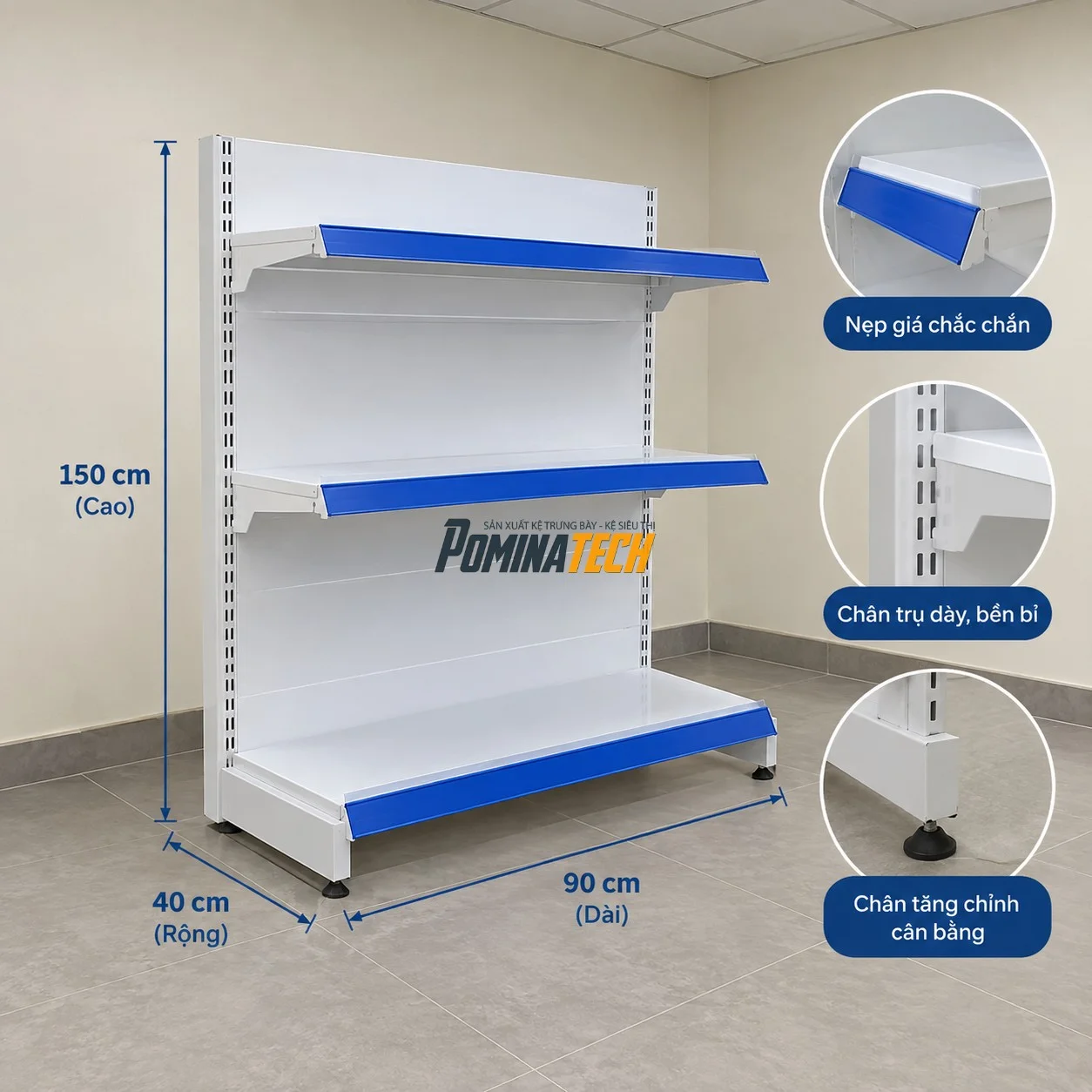 Kệ Siêu Thị Lưng Tôn Liền 3 Tầng – Chắc Chắn, Bền Đẹp, Dễ Sử Dụng