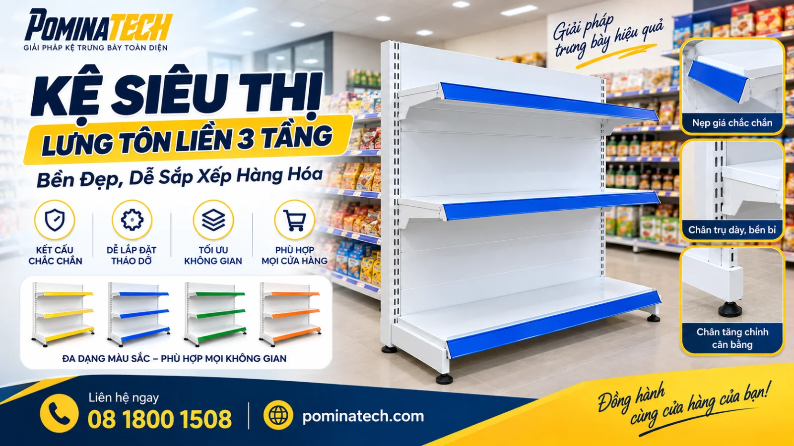 Kệ Siêu Thị Lưng Tôn Liền 3 Tầng – Giá Tốt, Chắc Chắn