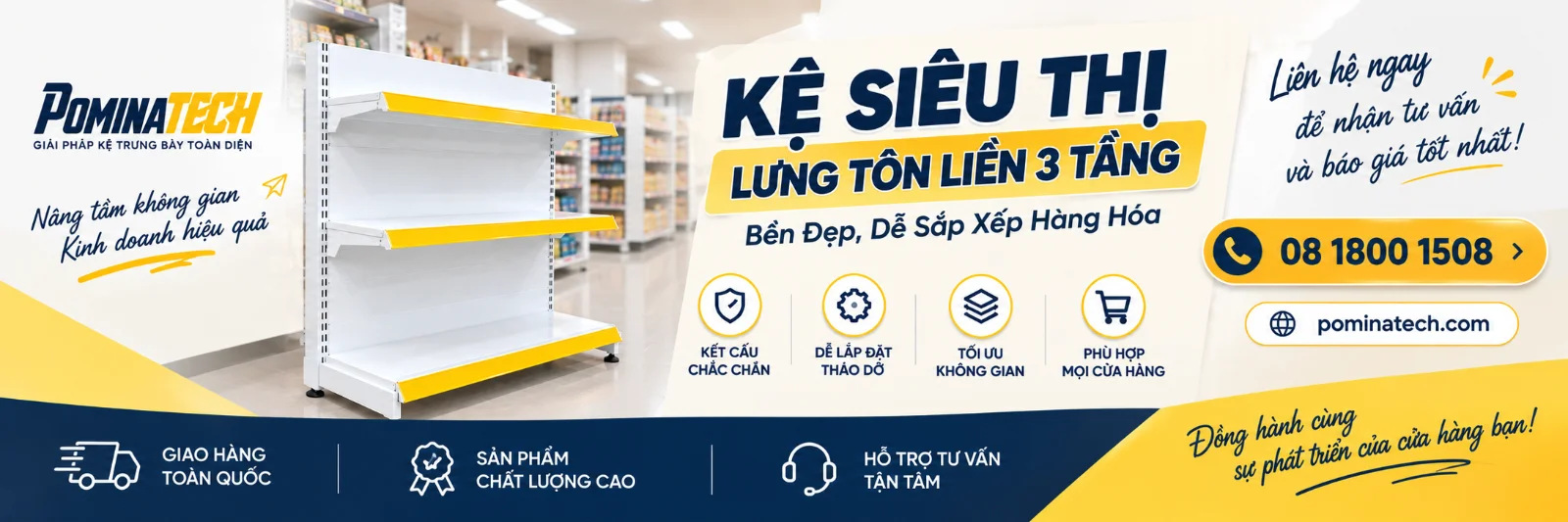 Kệ Siêu Thị Lưng Tôn Liền 3 Tầng – Phù Hợp Siêu Thị, Tạp Hóa, Cửa Hàng