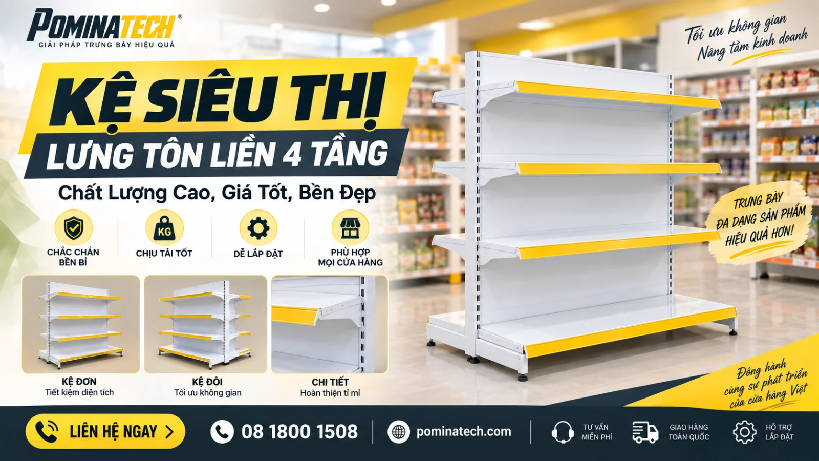Kệ Siêu Thị Lưng Tôn Liền 4 Tầng - Giá Xưởng, Giao Hàng Toàn Quốc
