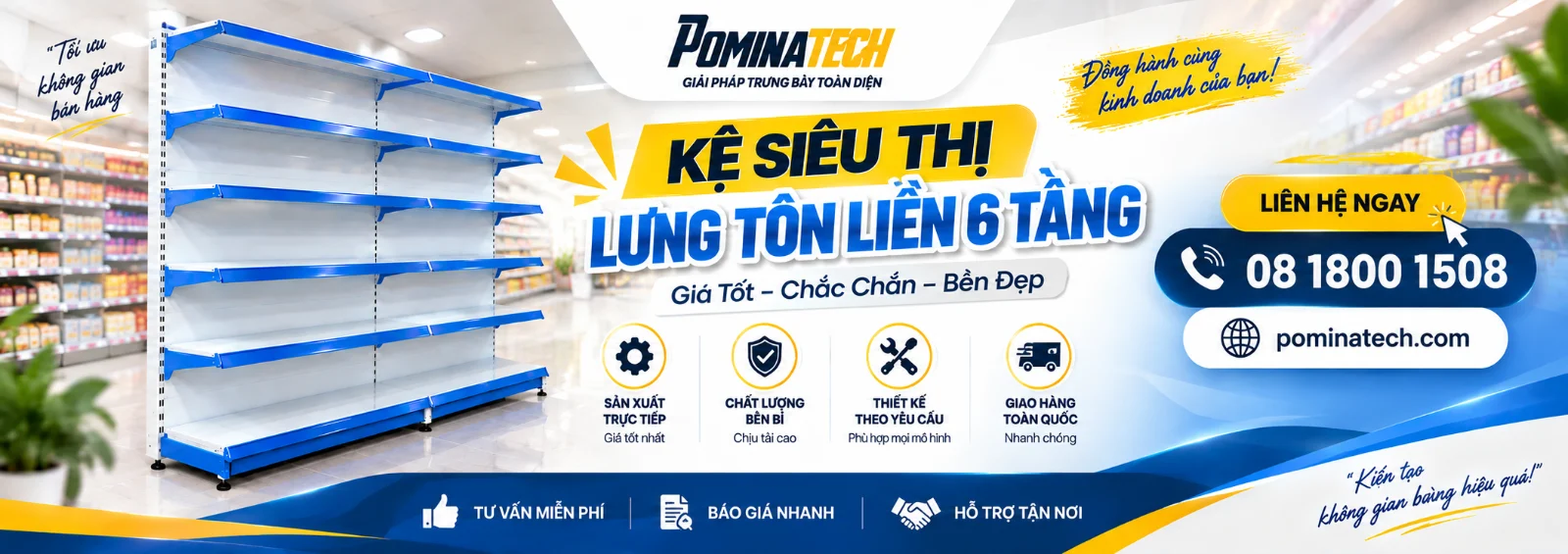 Kệ Siêu Thị Lưng Tôn Liền 6 Tầng - Giá Tốt, Chắc Chắn, Chịu Tải Cao