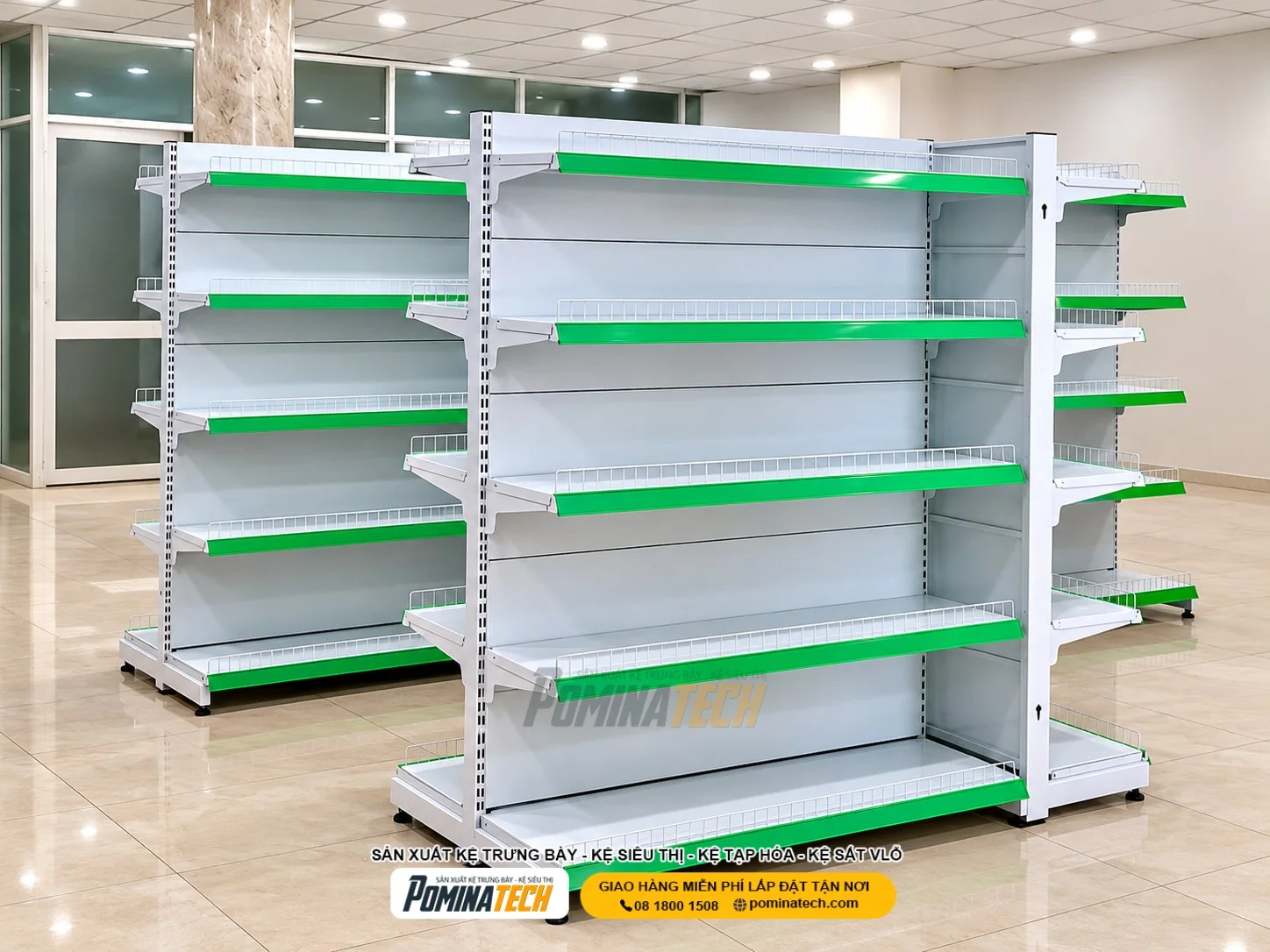 Kệ siêu thị lưng tôn liền tạo bố cục đồng bộ cho các khu vực trưng bày hàng hóa