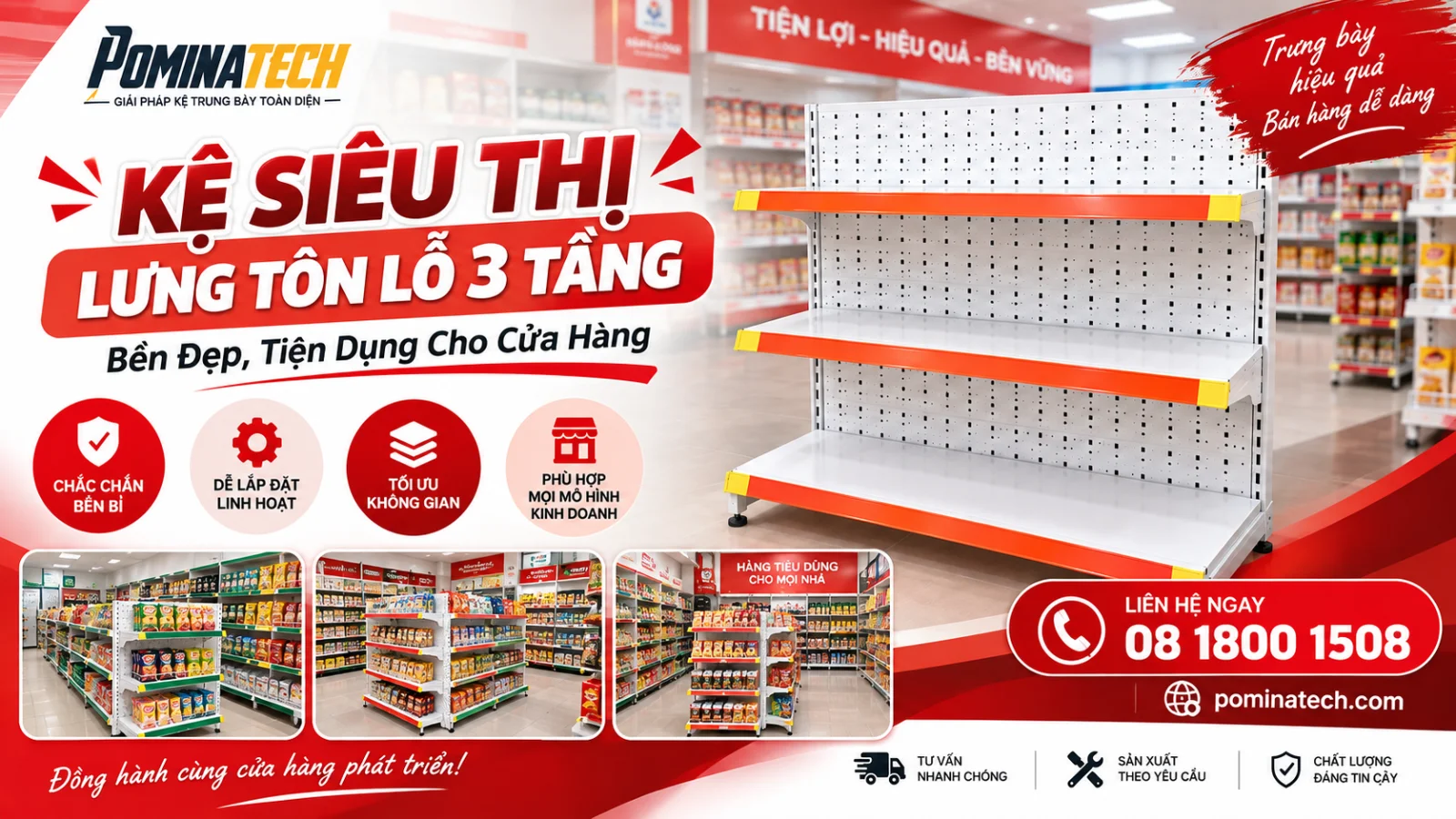 Kệ Siêu Thị Lưng Tôn Lỗ 3 Tầng - Bền Đẹp, Tiện Dụng Cho Cửa Hàng