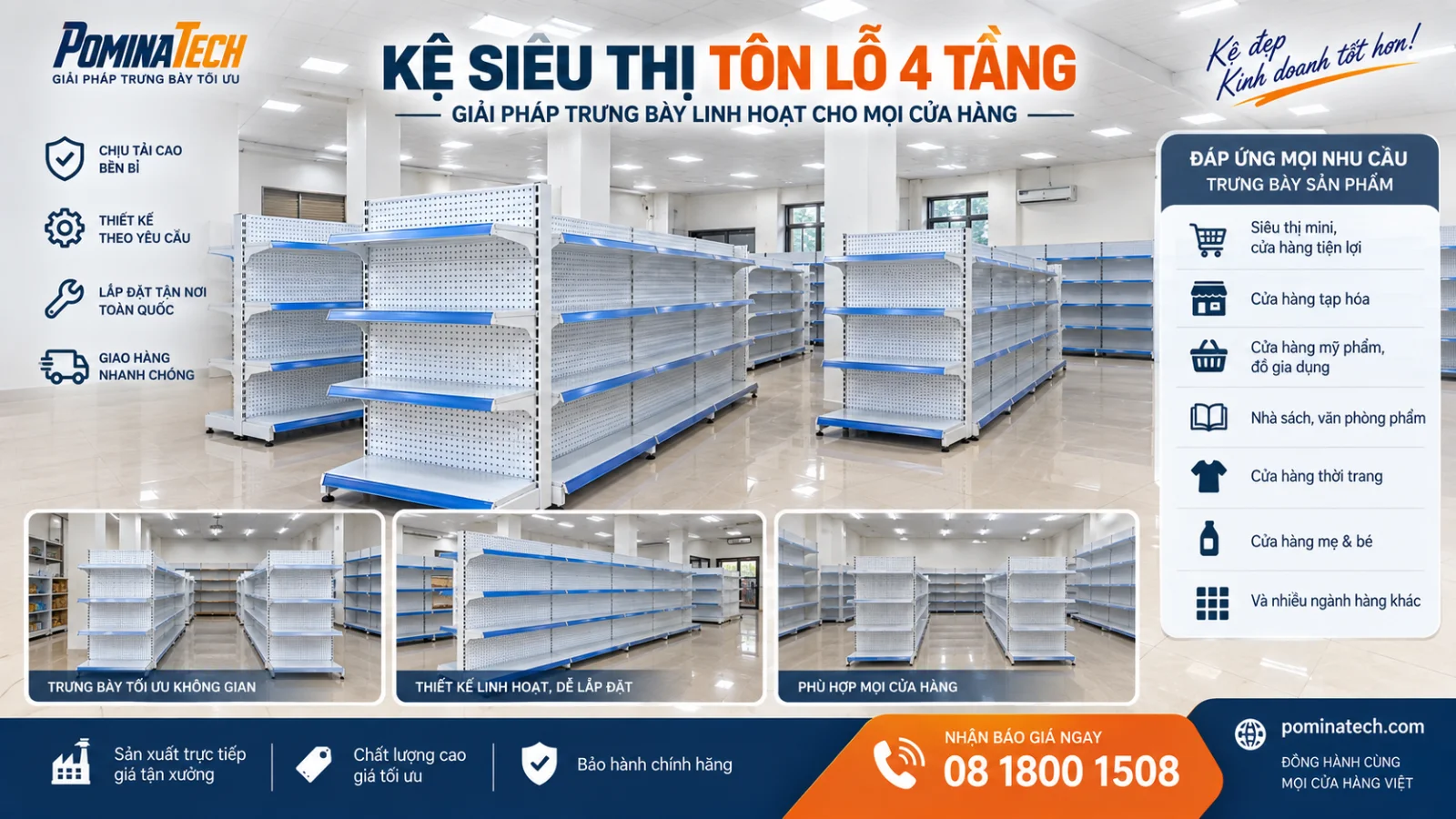 Kệ Siêu Thị Lưng Tôn Lỗ 4 Tầng Giá Rẻ Tại POMINATECH
