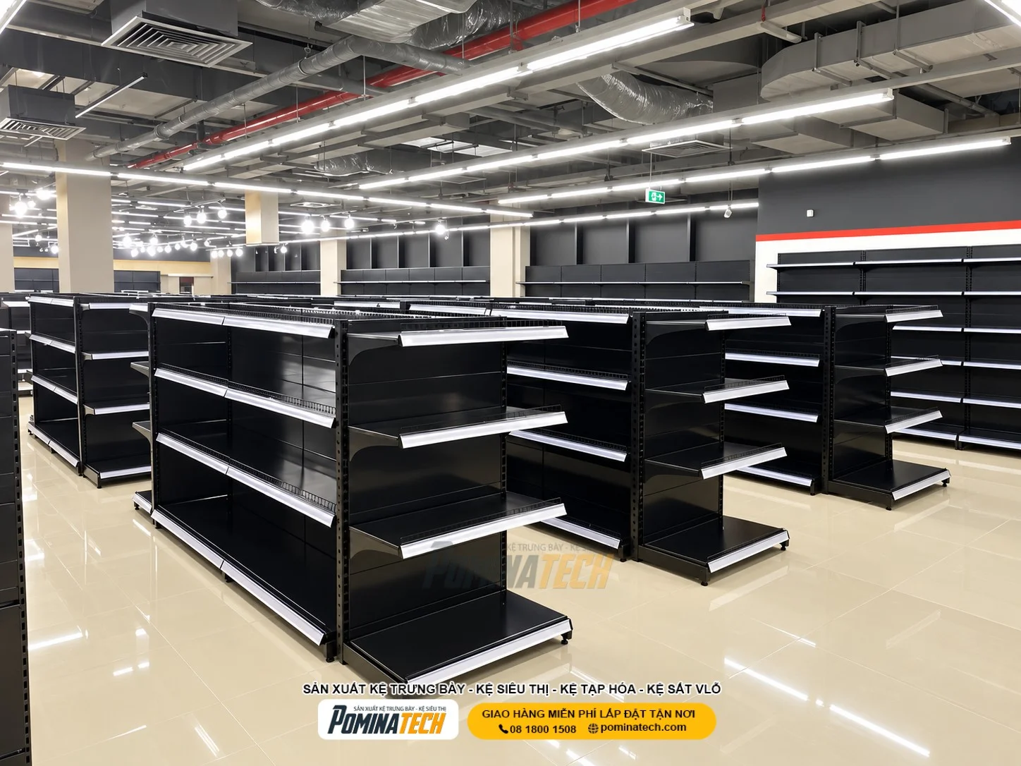 Kệ siêu thị đôi bố trí tại trung tâm giúp phân chia lối đi hợp lý