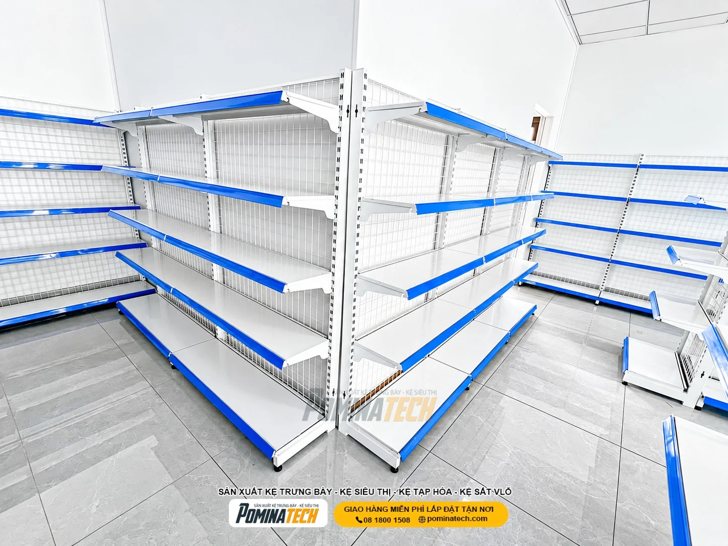- Kệ siêu thị Pominatech với kết cấu chắc chắn và phụ kiện lắp ghép đồng bộ
