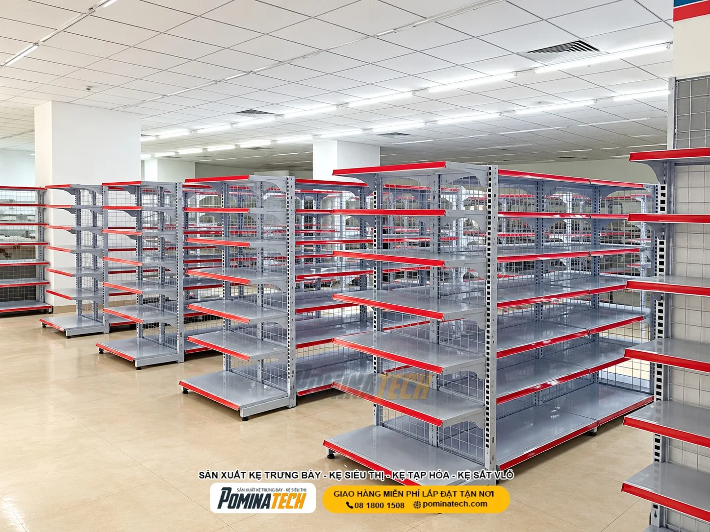 Kệ siêu thị thiết kế theo mặt bằng với khoảng cách tầng phù hợp từng nhóm hàng hóa.