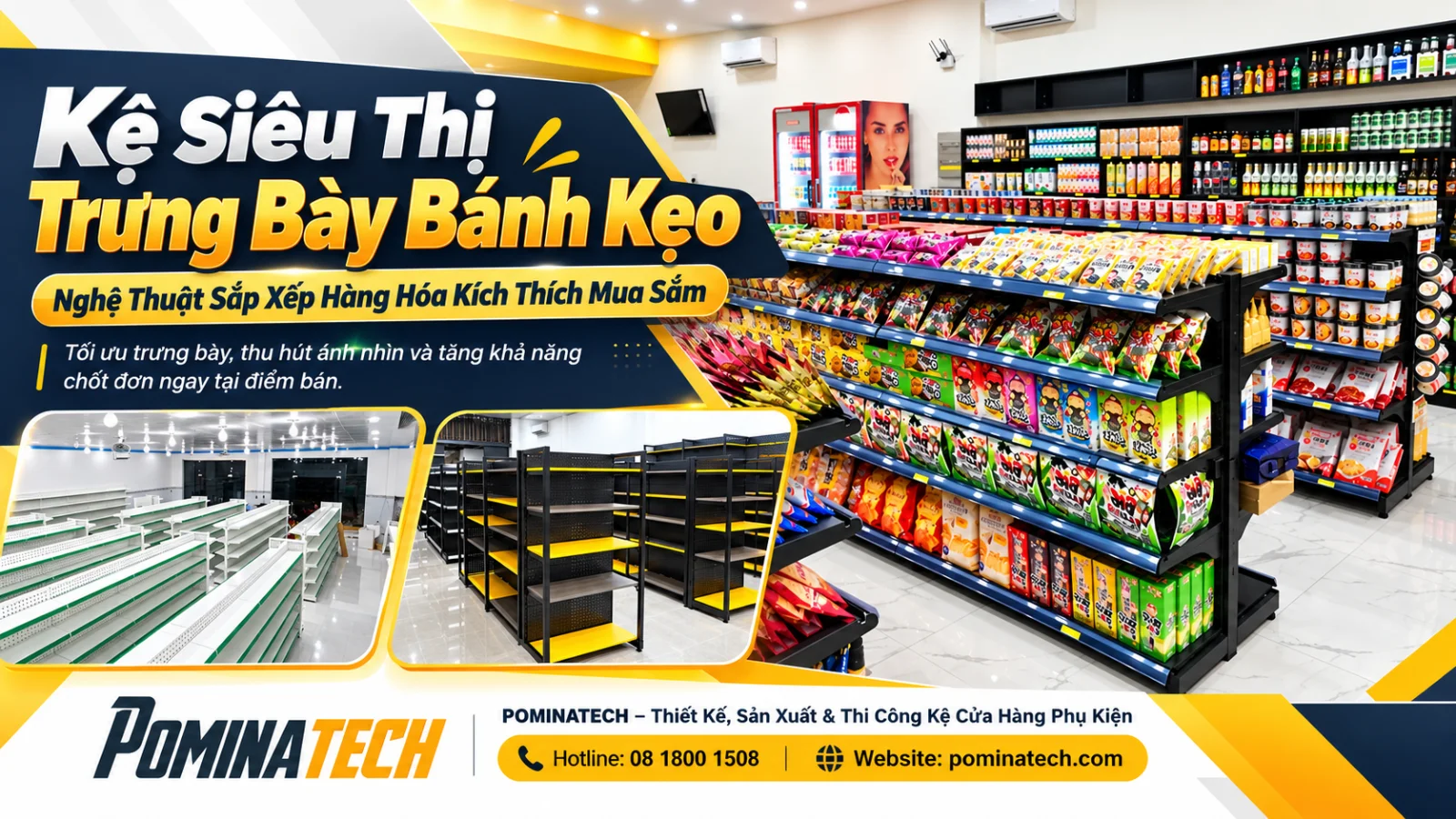 Kệ siêu thị trưng bày bánh kẹo giúp sắp xếp hàng hóa khoa học và thu hút khách mua sắm.