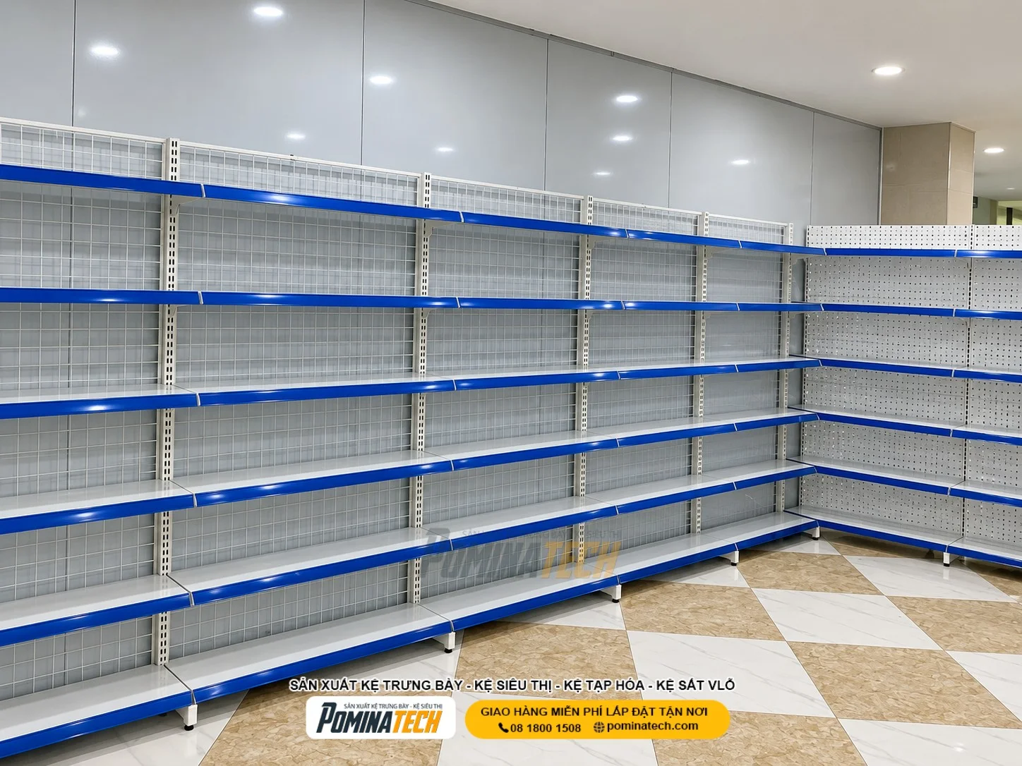 Kệ siêu thị trưng bày bánh kẹo giúp sắp xếp hàng hóa khoa học và thu hút khách mua sắm.