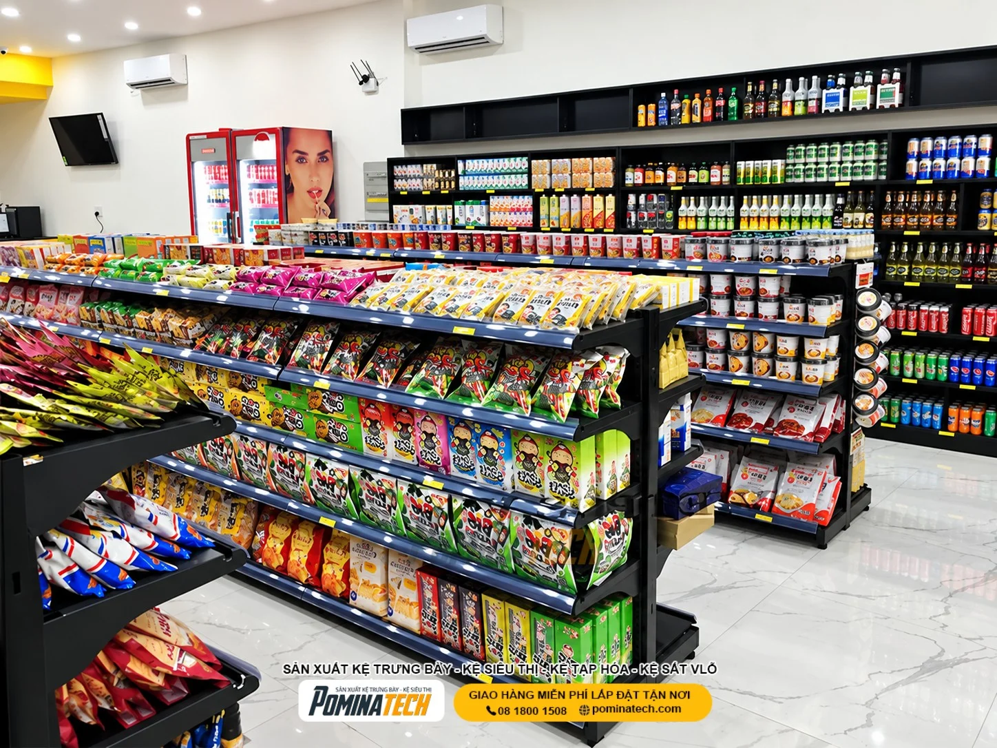 Kệ siêu thị trưng bày bánh kẹo giúp sắp xếp hàng hóa khoa học và thu hút khách mua sắm.