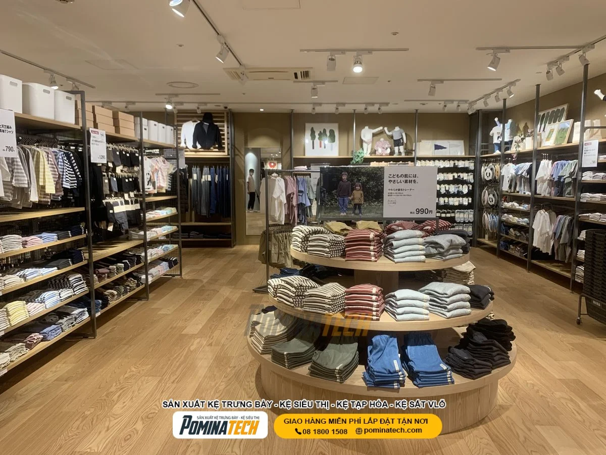 Kệ tròn khung sắt sơn tĩnh điện kết hợp mâm gỗ sang trọng cho shop phụ kiện.
