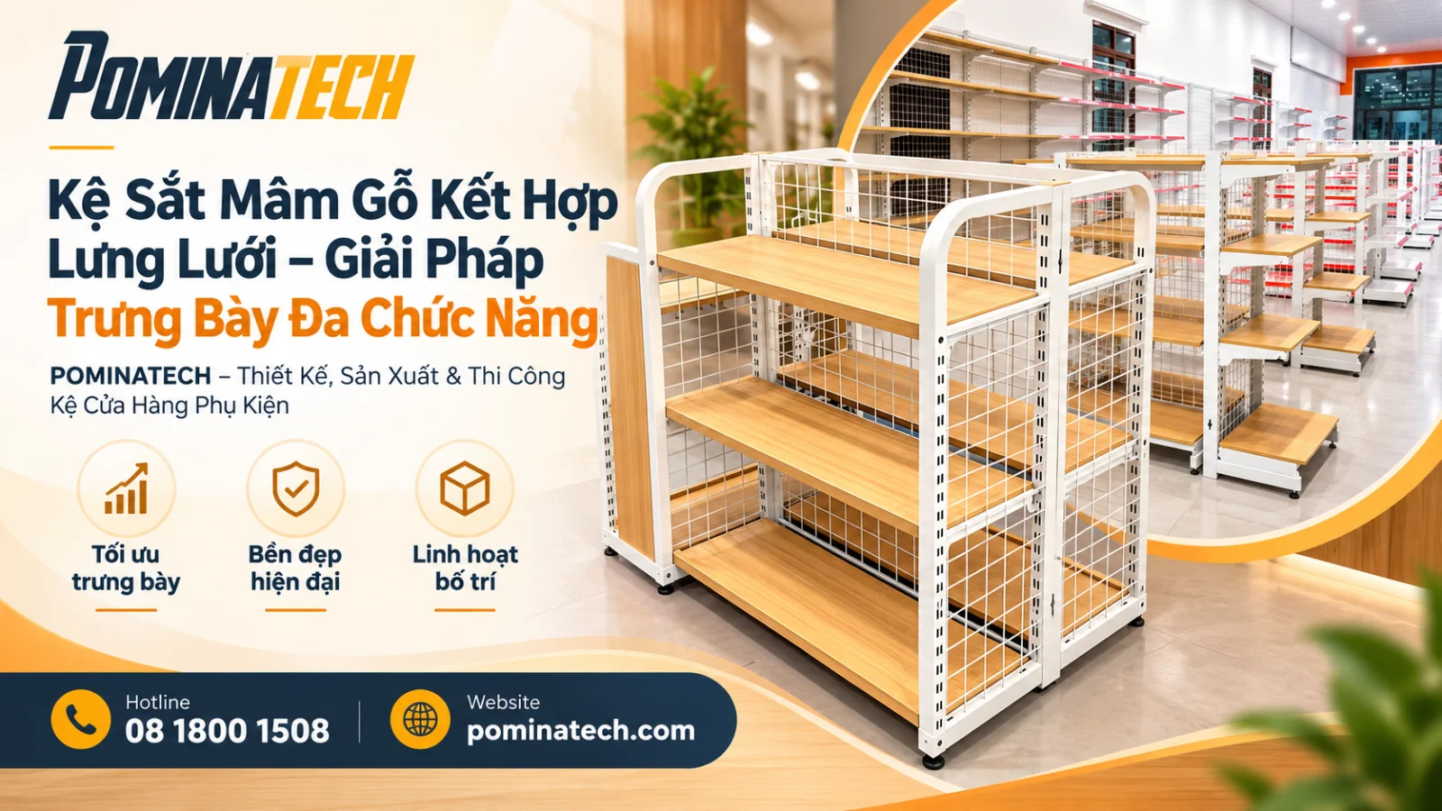 - Kệ trưng bày mâm gỗ lưng lưới giúp sắp xếp đồ gia dụng và phụ kiện gọn gàng