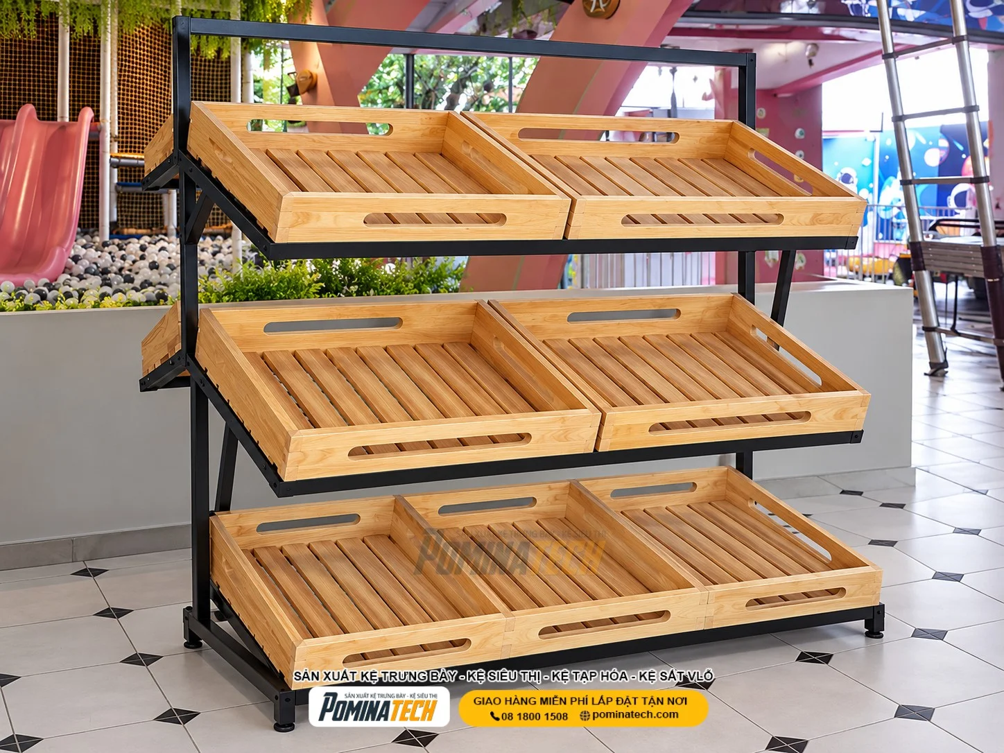 Kệ trưng bày rau củ 3 tầng Pominatech với kết cấu chắc chắn và kiểu dáng tiện lợi