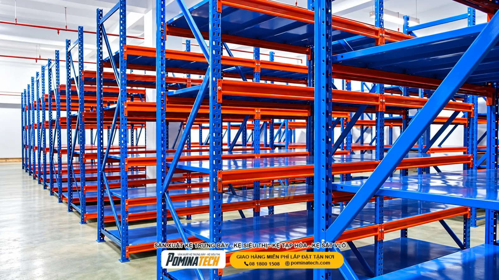 Kệ trung tải Pominatech giúp phân chia hàng tồn kho theo từng nhóm sản phẩm và mã hàng.
