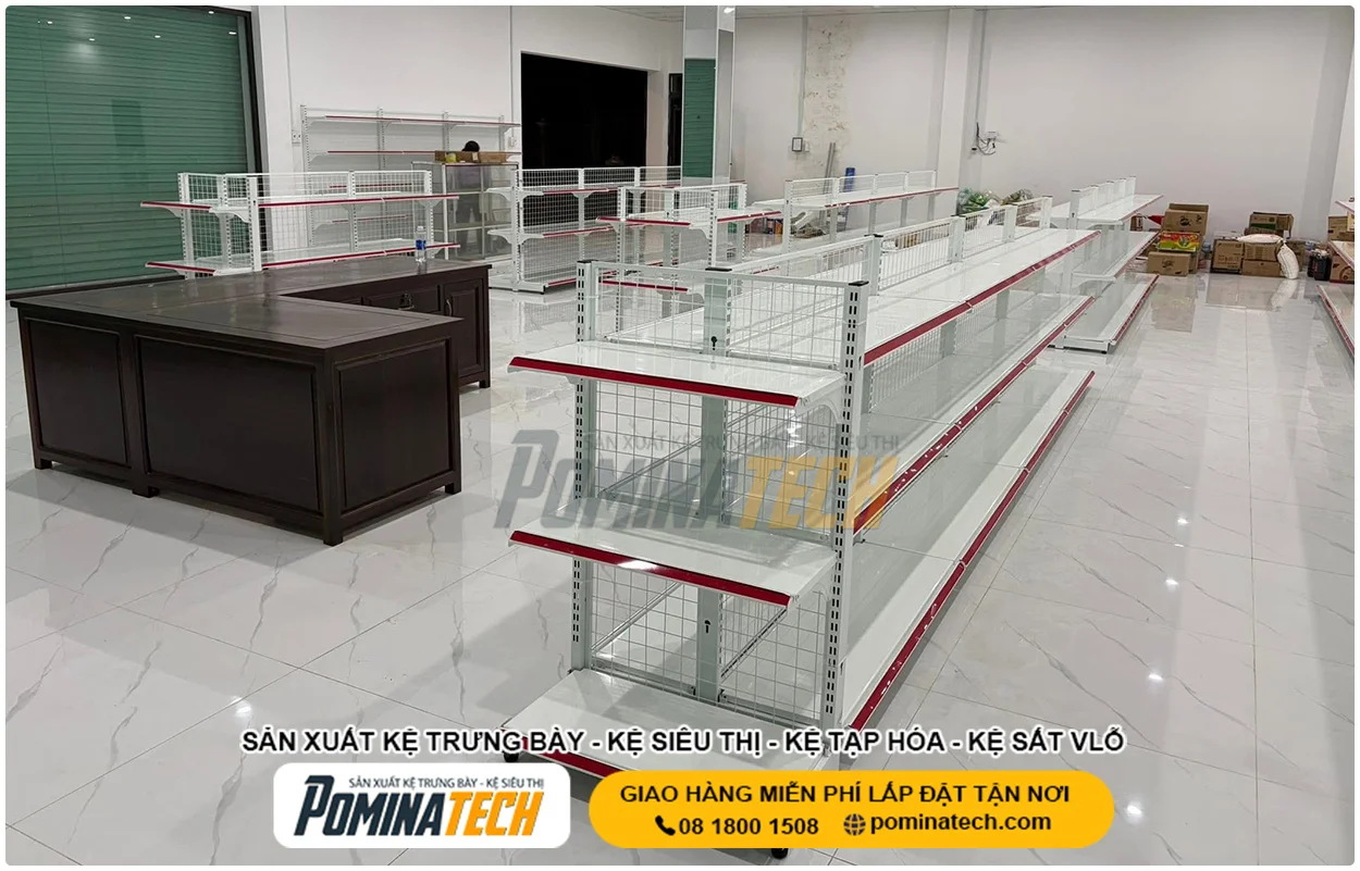 Lắp đặt kệ siêu thị lưng lưới tại POMINATECH