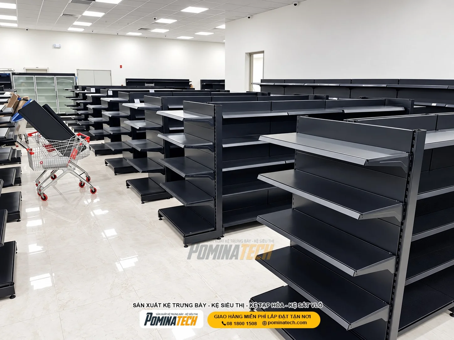 Mẫu kệ lưng tôn liền giúp cửa hàng trưng bày sản phẩm gọn gàng và chuyên nghiệp