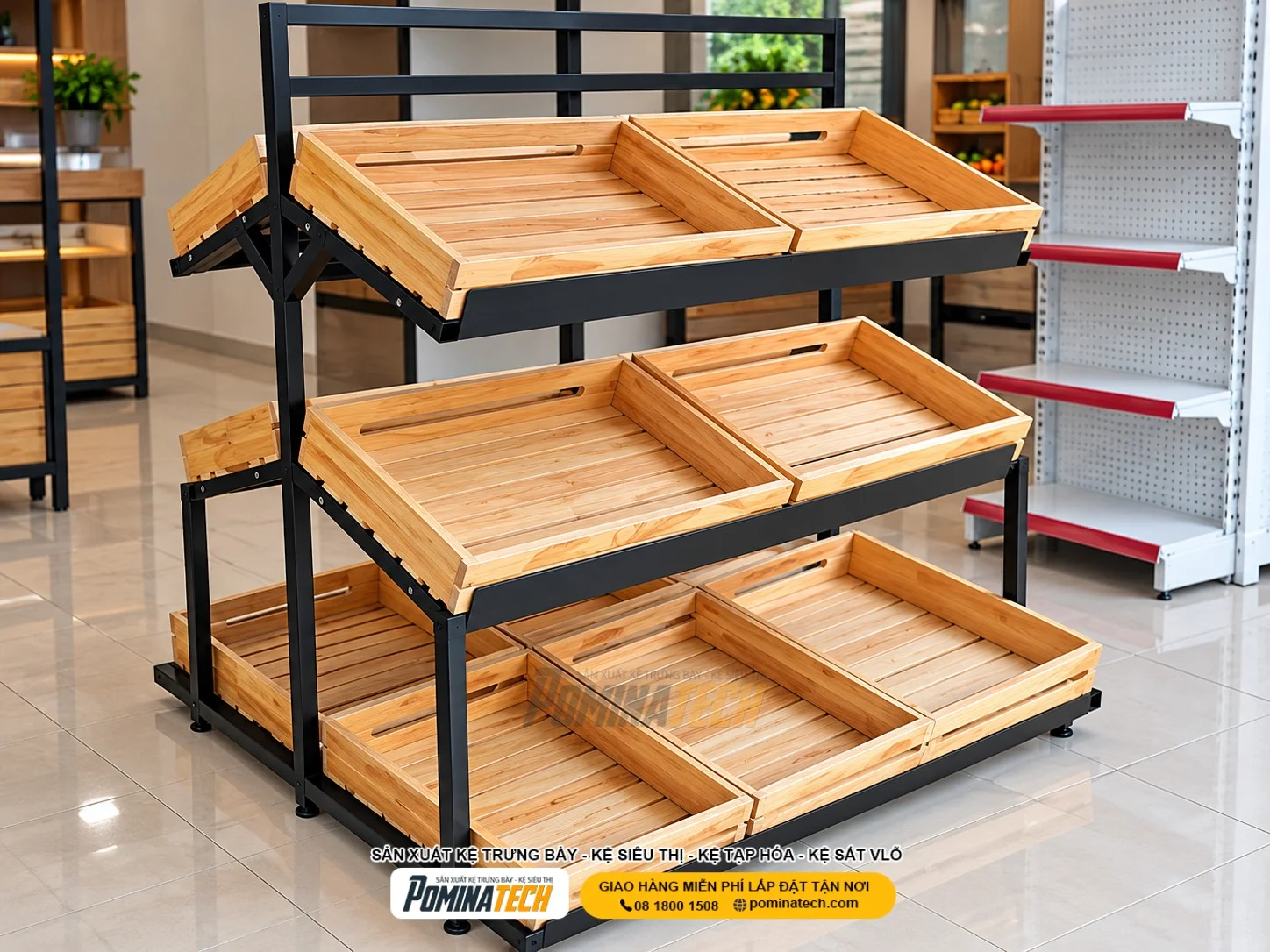Mẫu kệ rau củ 3 tầng giúp phân loại rau xanh, củ quả và trái cây theo từng khu vực