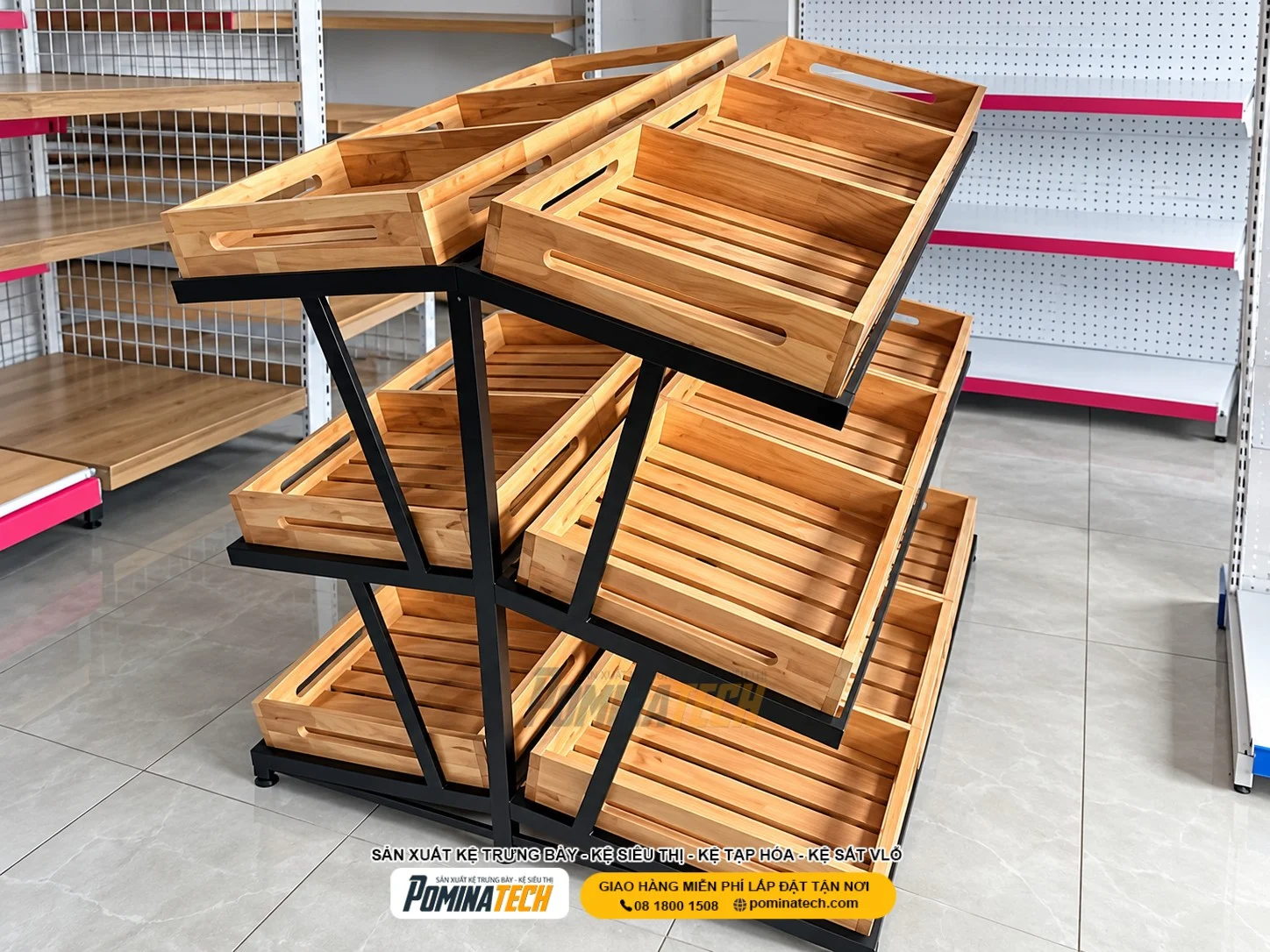 Mẫu kệ rau củ 3 tầng trưng bày rau xanh và trái cây đẹp mắt trong siêu thị mini