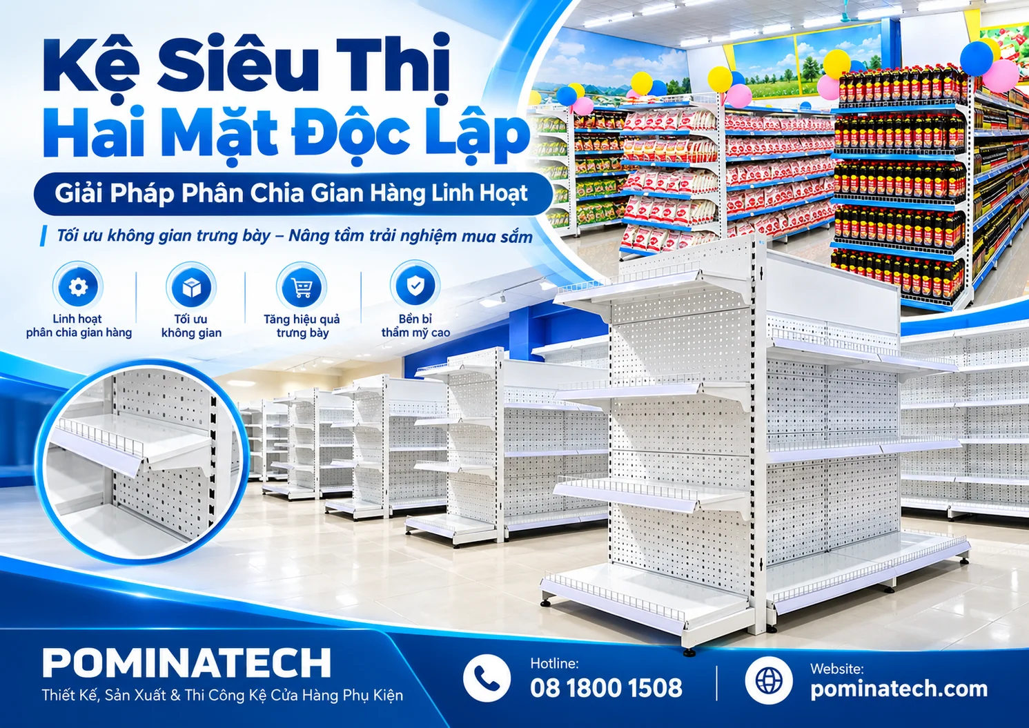 Mẫu kệ siêu thị hai mặt độc lập có thể điều chỉnh khoảng cách giữa các tầng.