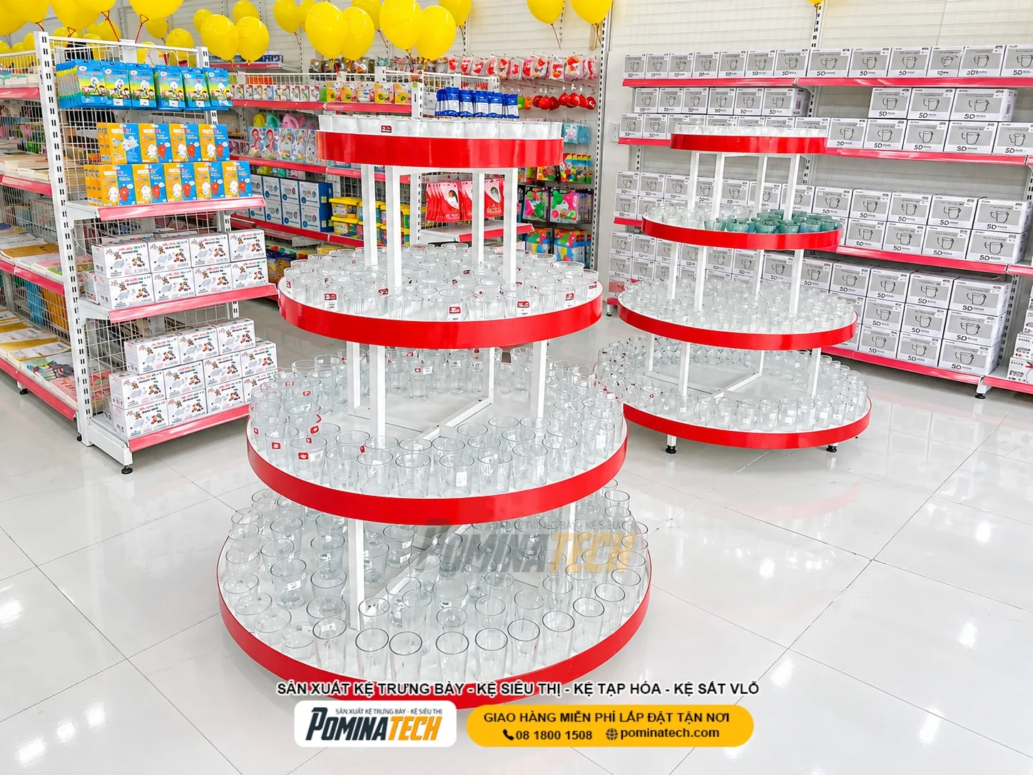 Mẫu kệ tròn trưng bày mỹ phẩm đẹp, hiện đại và tiện lợi khi sử dụng.