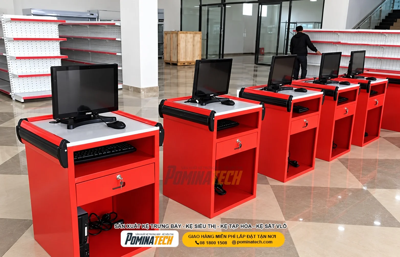 Mẫu quầy thu ngân kết hợp đèn LED tạo điểm nhấn thương hiệu.