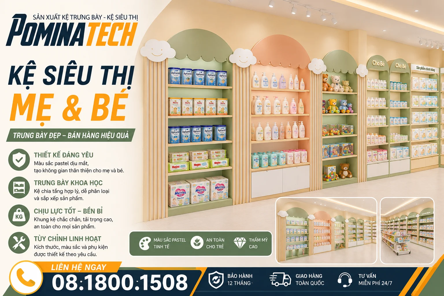 Pominatech – Đơn Vị Thi Công Kệ Siêu Thị Mẹ Và Bé Uy Tín Tại TP.HCM