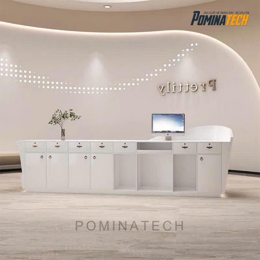 quay le tan go mdf Quầy Lễ Tân Gỗ MDF, Kiểu Dáng Uốn Lượn Tinh Tế cho Văn Phòng Hiện Đại