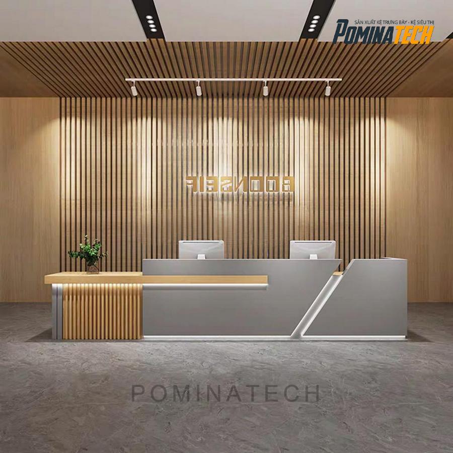 quay le tan go mdf cao cap Quầy Lễ Tân Gỗ MDF Cao Cấp – Kiểu Dáng Thẳng Kết Hợp Bo Góc Sang Trọng