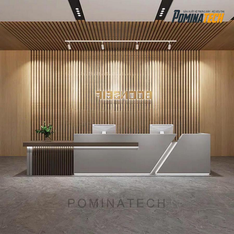 quay le tan go mdf cao cap Quầy Lễ Tân Gỗ MDF Cao Cấp – Kiểu Dáng Thẳng Kết Hợp Bo Góc Sang Trọng