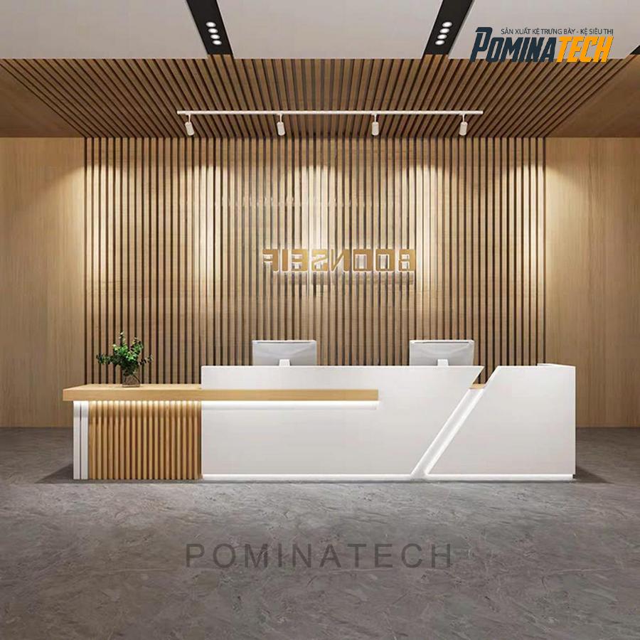 quay le tan go mdf cao cap Quầy Lễ Tân Gỗ MDF Cao Cấp – Kiểu Dáng Thẳng Kết Hợp Bo Góc Sang Trọng