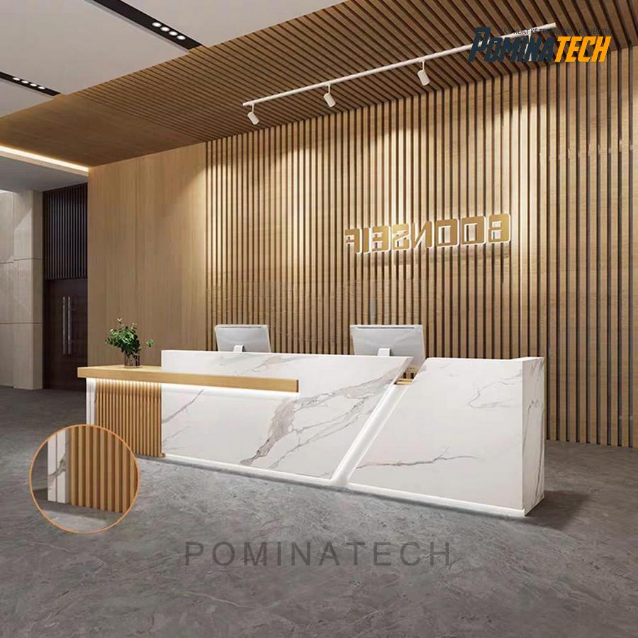 quay le tan go mdf cao cap Quầy Lễ Tân Gỗ MDF Cao Cấp – Kiểu Dáng Thẳng Kết Hợp Bo Góc Sang Trọng