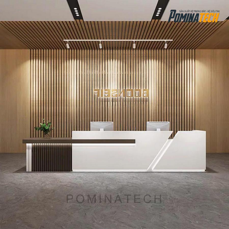 quay le tan go mdf cao cap Quầy Lễ Tân Gỗ MDF Cao Cấp – Kiểu Dáng Thẳng Kết Hợp Bo Góc Sang Trọng