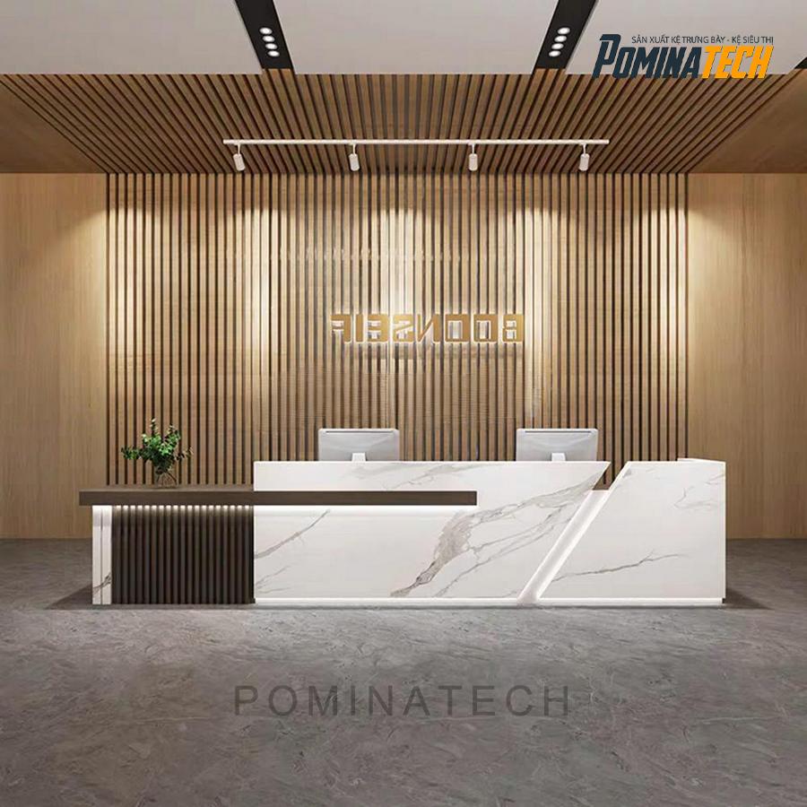 quay le tan go mdf cao cap Quầy Lễ Tân Gỗ MDF Cao Cấp – Kiểu Dáng Thẳng Kết Hợp Bo Góc Sang Trọng