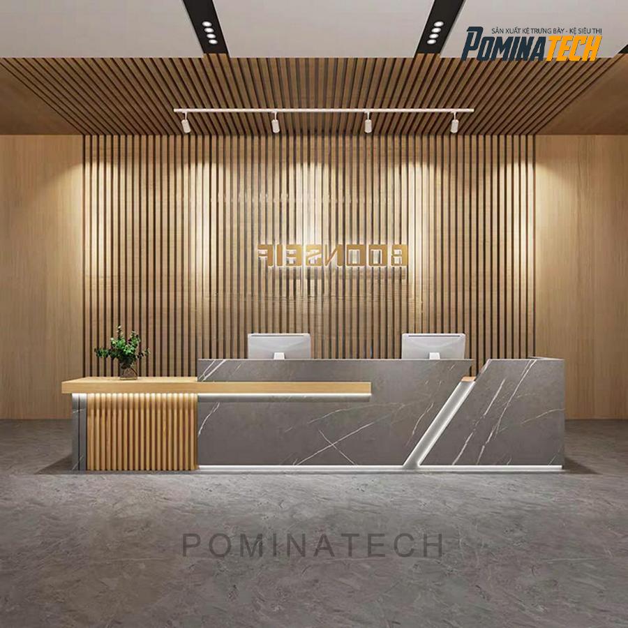 quay le tan go mdf cao cap Quầy Lễ Tân Gỗ MDF Cao Cấp – Kiểu Dáng Thẳng Kết Hợp Bo Góc Sang Trọng