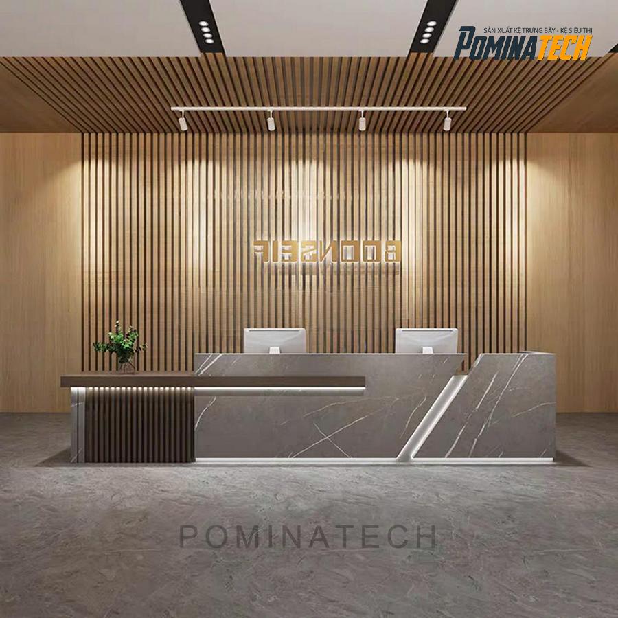 quay le tan go mdf cao cap Quầy Lễ Tân Gỗ MDF Cao Cấp – Kiểu Dáng Thẳng Kết Hợp Bo Góc Sang Trọng