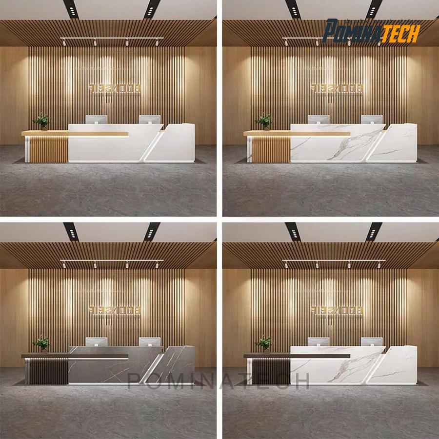 quay le tan go mdf cao cap Quầy Lễ Tân Gỗ MDF Cao Cấp – Kiểu Dáng Thẳng Kết Hợp Bo Góc Sang Trọng