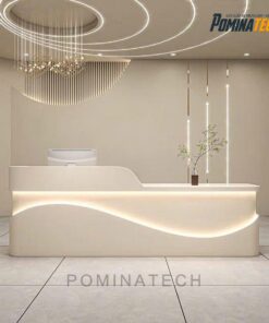Quầy Lễ Tân Gỗ MDF Thiết Kế Uốn Lượn – Phong Cách Hiện Đại, Đèn LED Sang Trọng