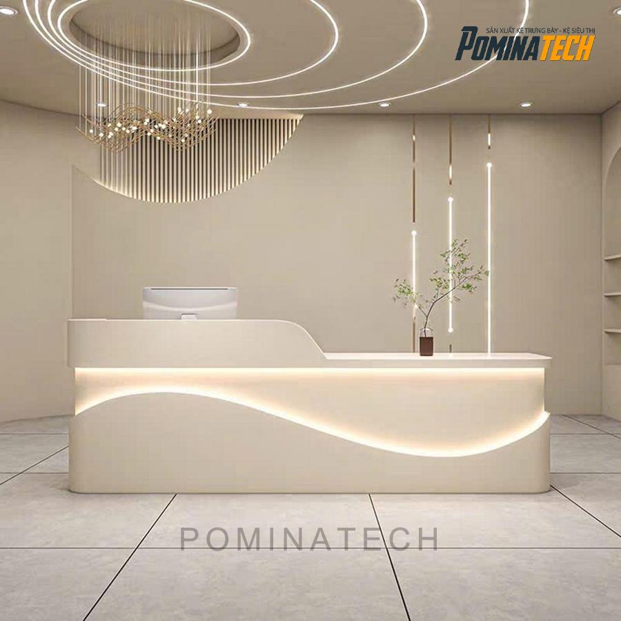 quay le tan go mdf thiet ke uon luon Quầy Lễ Tân Gỗ MDF Thiết Kế Uốn Lượn – Phong Cách Hiện Đại, Đèn LED Sang Trọng