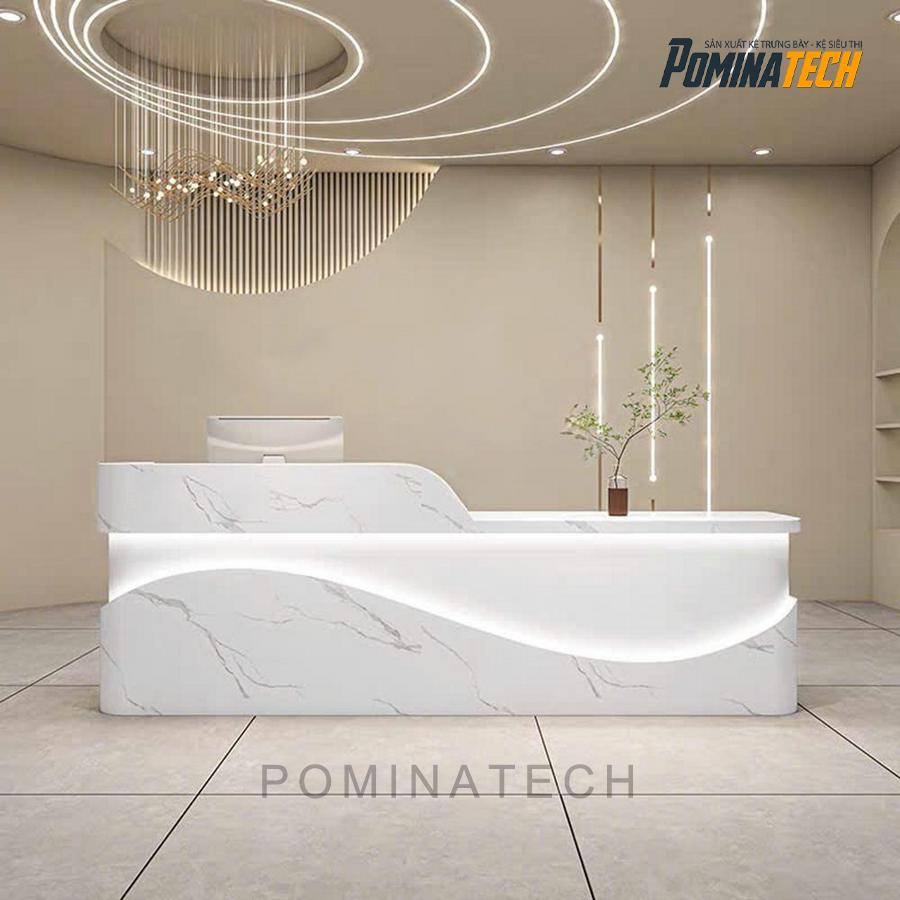 quay le tan go mdf thiet ke uon luon Quầy Lễ Tân Gỗ MDF Thiết Kế Uốn Lượn – Phong Cách Hiện Đại, Đèn LED Sang Trọng