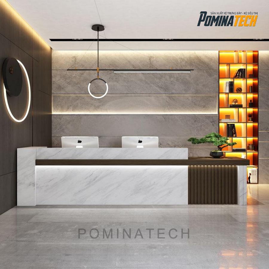 quay le tan sang trong Quầy Lễ Tân Sang Trọng Với Đèn LED Tạo Nét Độc Đáo Cho Không Gian