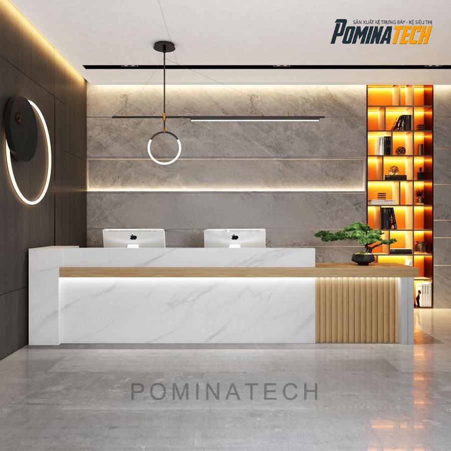 quay le tan sang trong Quầy Lễ Tân Sang Trọng Với Đèn LED Tạo Nét Độc Đáo Cho Không Gian