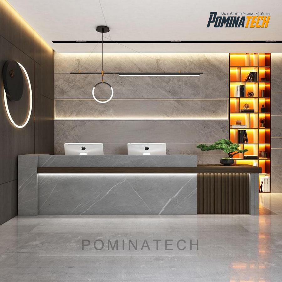 quay le tan sang trong Quầy Lễ Tân Sang Trọng Với Đèn LED Tạo Nét Độc Đáo Cho Không Gian