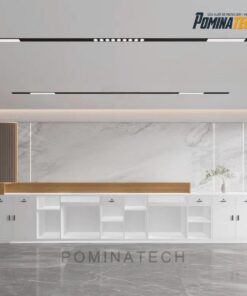 Quầy Lễ Tân Văn Phòng Gỗ MDF Đẹp – Kiểu Dáng Uốn Lượn, Ánh Sáng LED Hiện Đại