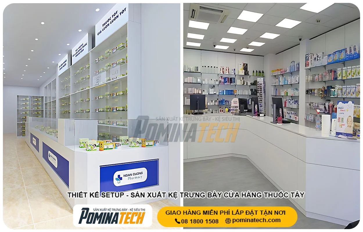 Thiết kế kệ nhà thuốc đẹp chuyên nghiệp POMINATECH