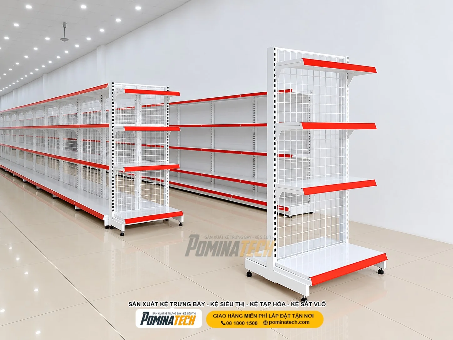 Thiết kế kệ siêu thị 4 tầng với chiều cao phù hợp giúp khách hàng dễ quan sát