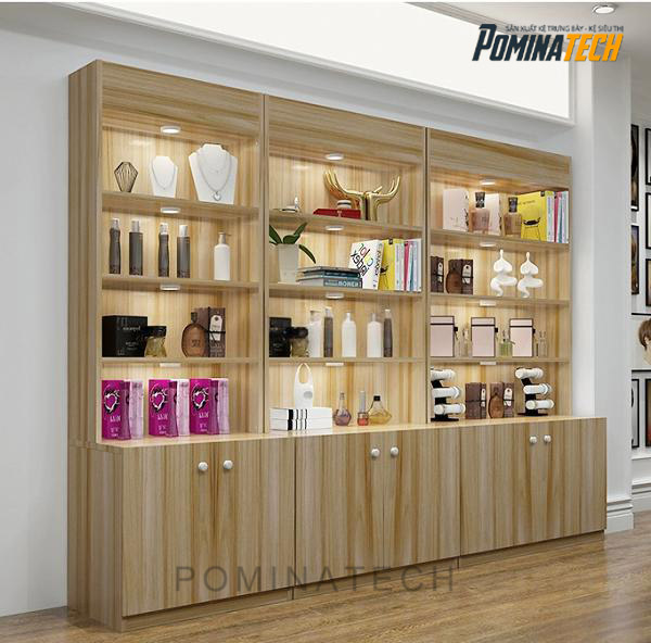 tu trung bay go mdf cao cap Tủ Trưng Bày Gỗ MDF Cao Cấp – Đèn LED Chiếu Sáng, Thiết Kế Sang Trọng Cho Cửa Hàng, Showroom