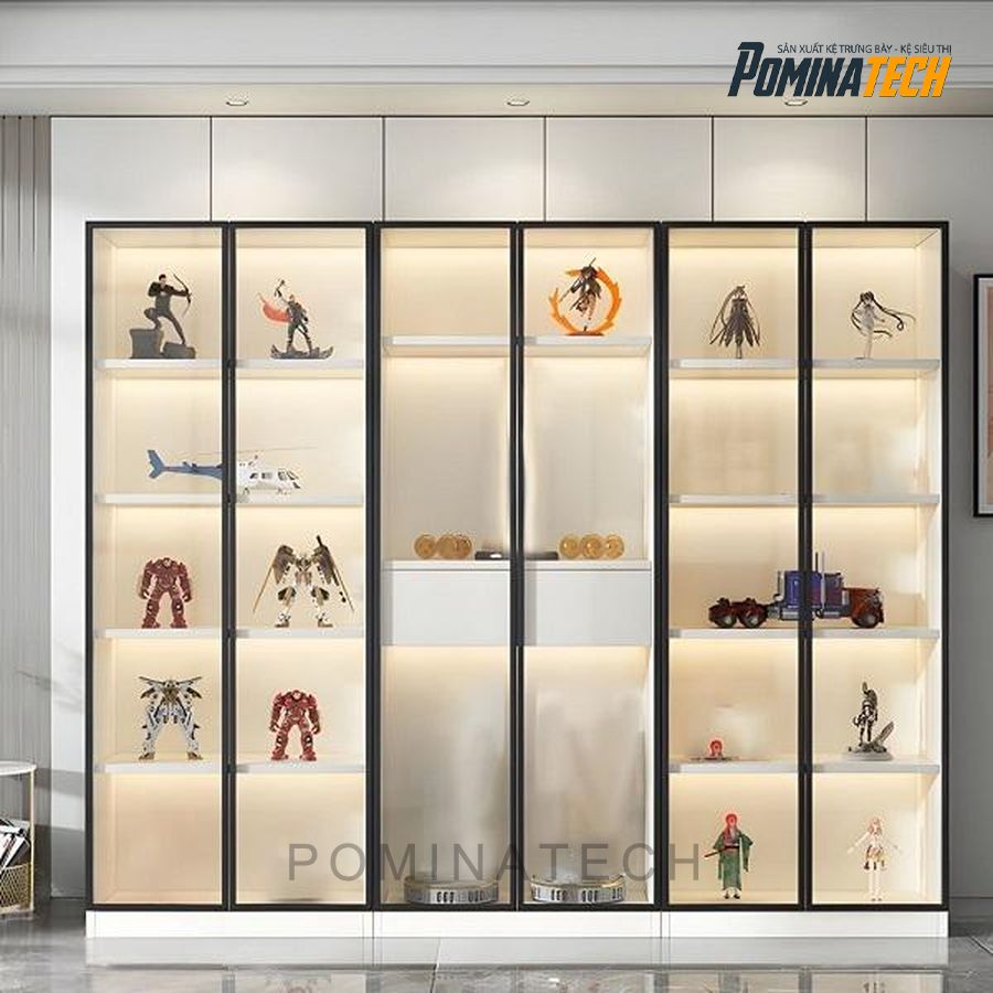 tu trung bay mo hinh go mdf Tủ Trưng Bày Mô Hình Gỗ MDF Cửa Kính Có Đèn Led - Thiết Kế Hiện Đại, Sang Trọng