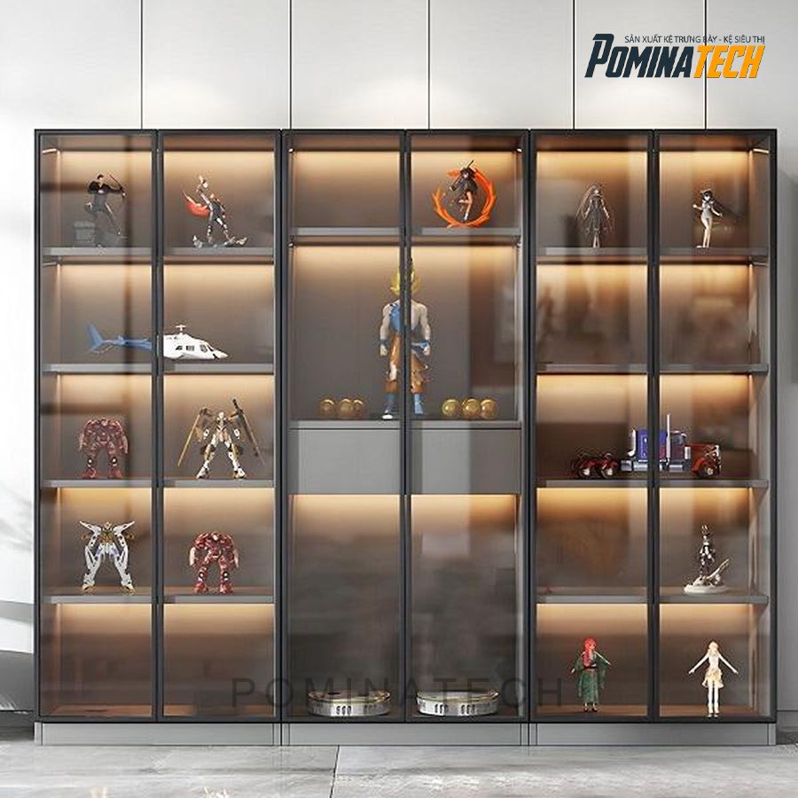 tu trung bay mo hinh go mdf Tủ Trưng Bày Mô Hình Gỗ MDF Cửa Kính Có Đèn Led - Thiết Kế Hiện Đại, Sang Trọng