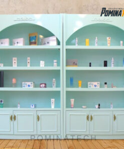 Tủ Trưng Bày Mỹ Phẩm Gỗ MDF Màu Xanh Tươi Mát, Thiết Kế Tủ Dưới Tiện Lợi Cho Showroom